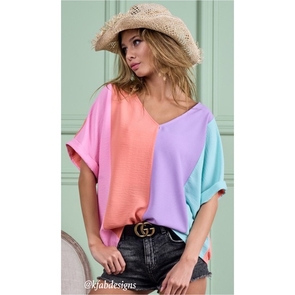 LAST 1! V Neck Roll up Sleeves Color Block Oversized Top! - Picture 6 of 9